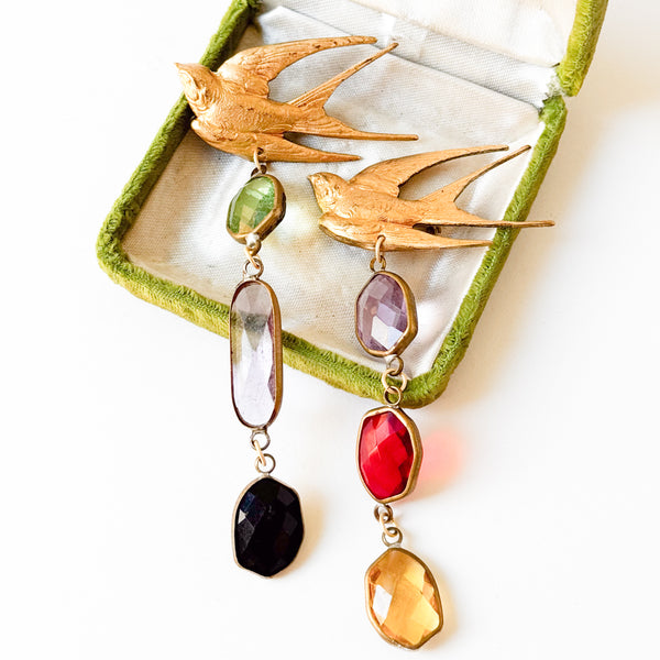 Gold Swallow Bird Brooch with Colorful Glass Stones