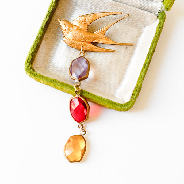 Gold Swallow Bird Brooch with Colorful Glass Stones