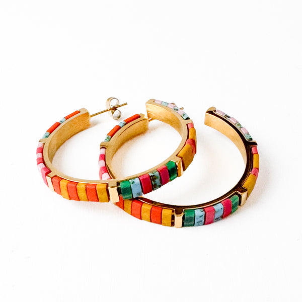 Big Turquoise Tila Bead Hoop Earrings, Gold-Plated, Handmade, Statement