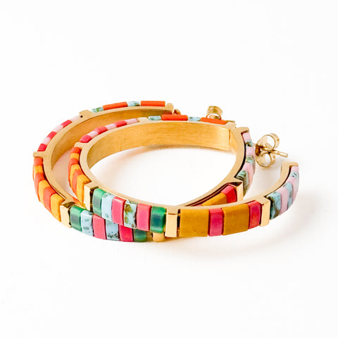 Big Turquoise Tila Bead Hoop Earrings, Gold-Plated, Handmade, Statement