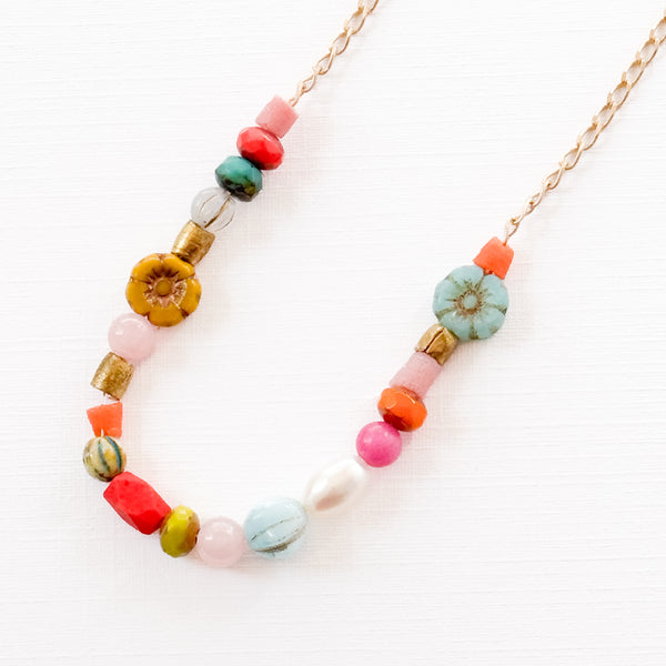 Dainty Pearl Flower and Recycled Bead Necklace