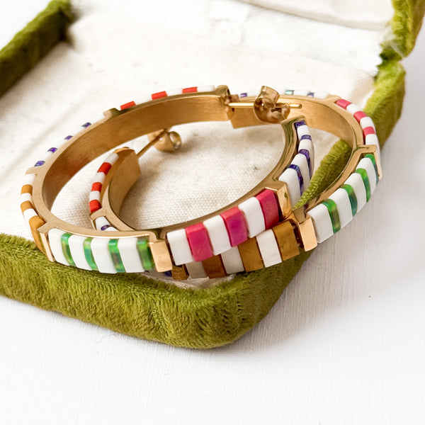 Big Statement Tila Bead Hoop Earrings Gold-Plated, Handmade