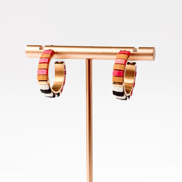 Small B&W Tila Bead Hoop Earrings Gold-Plated, Handmade