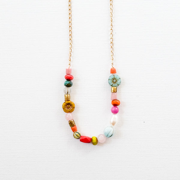 Dainty Pearl Flower and Recycled Bead Necklace