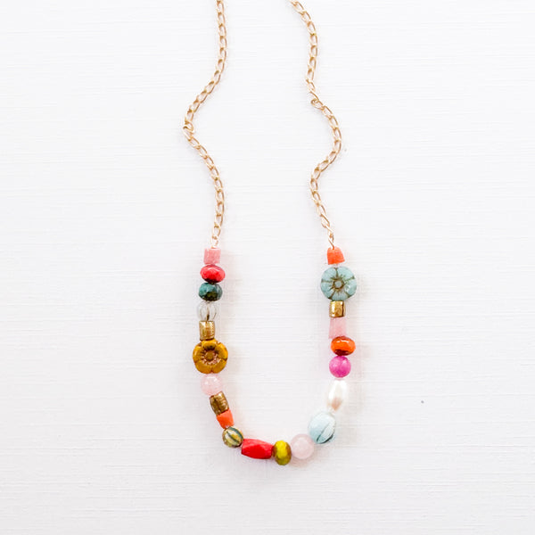 Dainty Pearl Flower and Recycled Bead Necklace