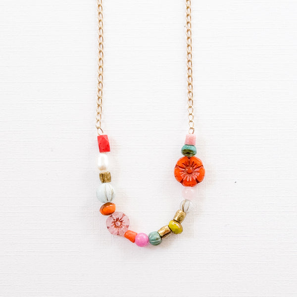 Dainty Pearl Flower and Recycled Bead Necklace