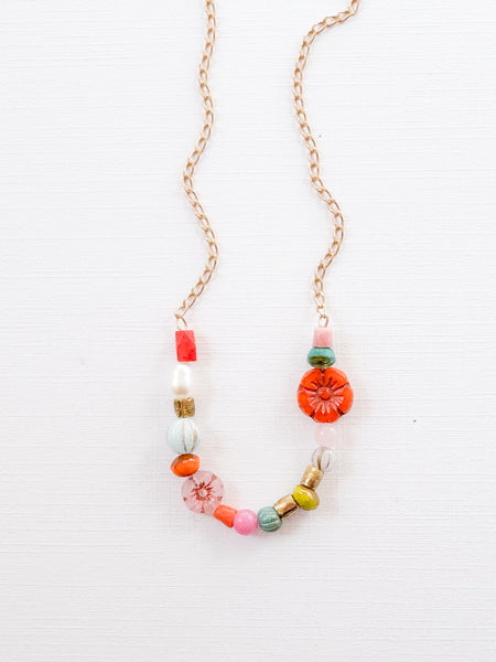 Dainty Pearl Flower and Recycled Bead Necklace