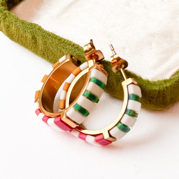 Small Handmade Gold Plated Cream Tila Bead Hoop Earrings