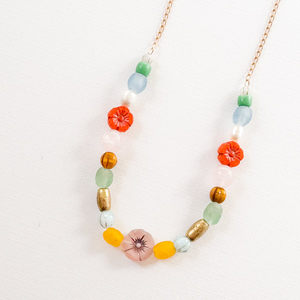 Recycled Bead Necklace With Pearls, Flowers and Pink Quartz