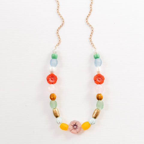 Recycled Bead Necklace With Pearls, Flowers and Pink Quartz