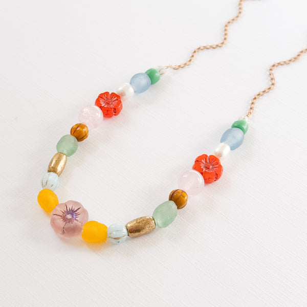 Recycled Bead Necklace With Pearls, Flowers and Pink Quartz