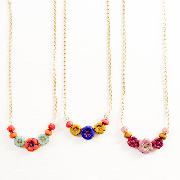 Tiny Flower Field Necklace With Beads And Matte Gold Chain