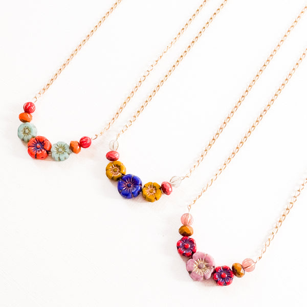 Tiny Flower Field Necklace With Beads And Matte Gold Chain