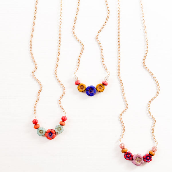 Tiny Flower Field Necklace With Beads And Matte Gold Chain