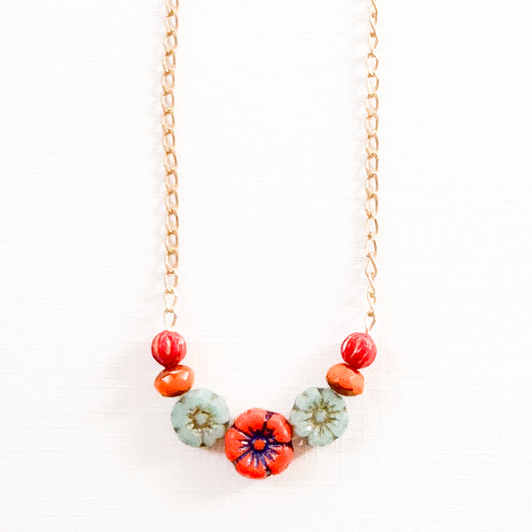 Tiny Flower Field Necklace With Beads And Matte Gold Chain