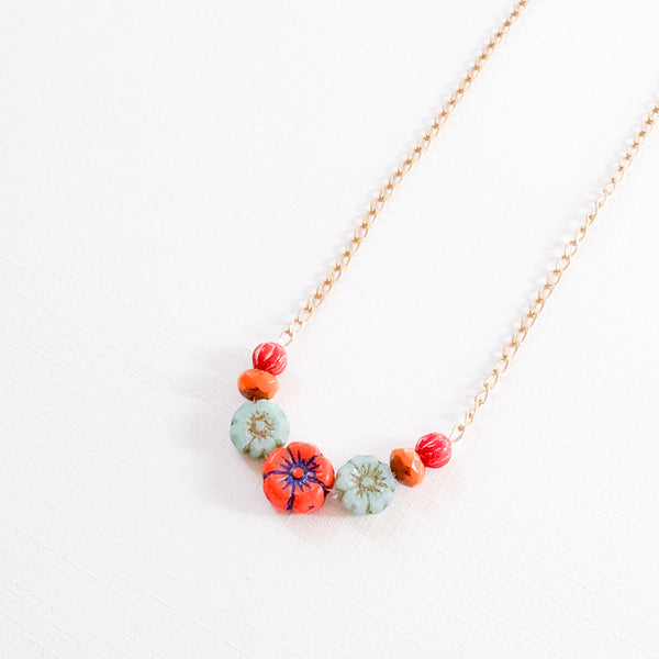 Tiny Flower Field Necklace With Beads And Matte Gold Chain