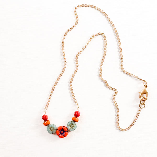 Tiny Flower Field Necklace With Beads And Matte Gold Chain