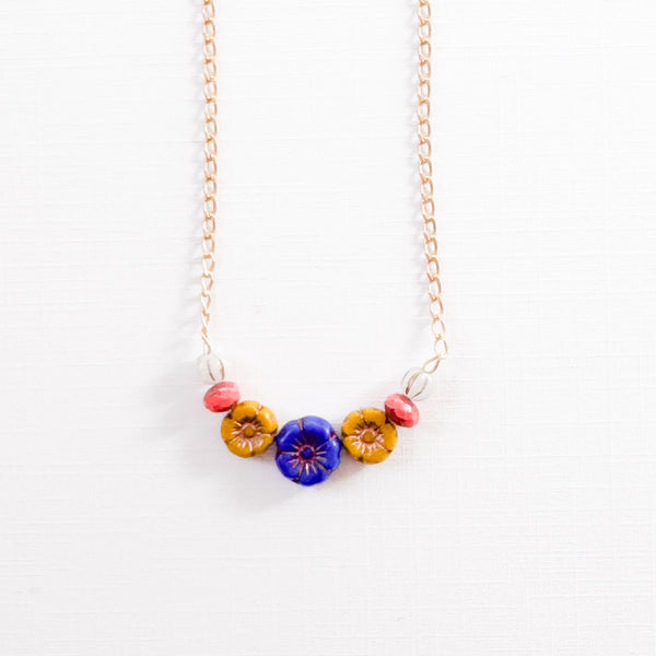 Tiny Flower Field Necklace With Beads And Matte Gold Chain