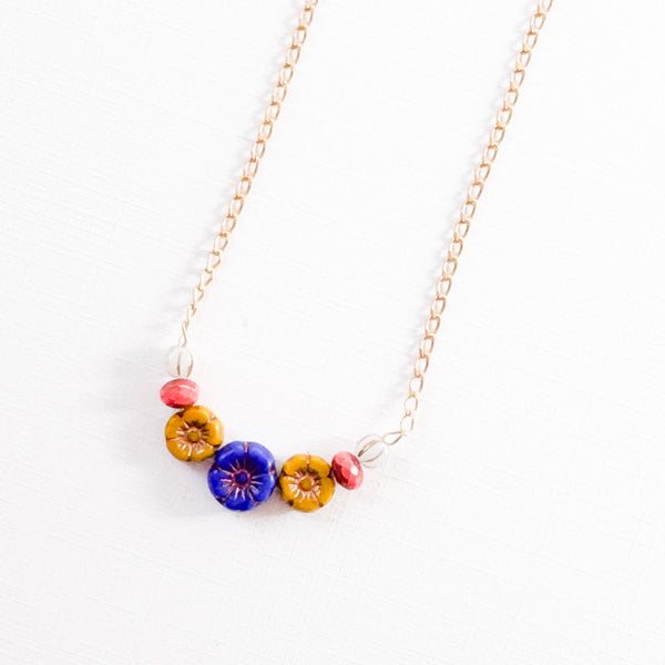 Tiny Flower Field Necklace With Beads And Matte Gold Chain