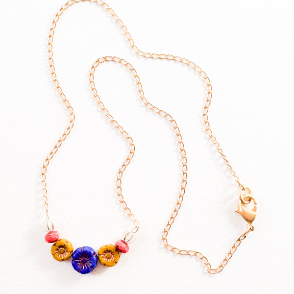 Tiny Flower Field Necklace With Beads And Matte Gold Chain
