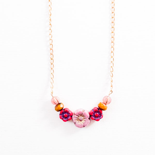 Tiny Flower Field Necklace With Beads And Matte Gold Chain