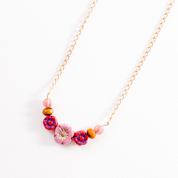 Tiny Flower Field Necklace With Beads And Matte Gold Chain