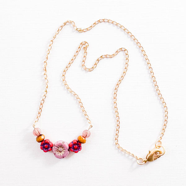 Tiny Flower Field Necklace With Beads And Matte Gold Chain