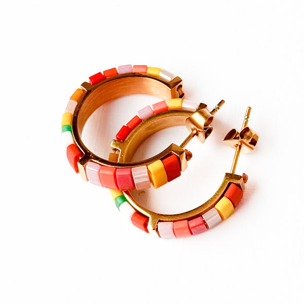 Small Handmade Gold Plated Colorful Tila Bead Hoop Earrings