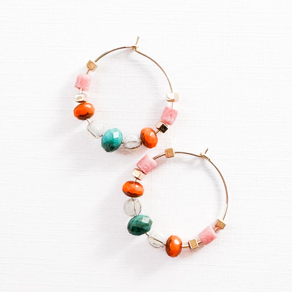 Gold Filled Hoops with Turquoise And Recycled Glass beads