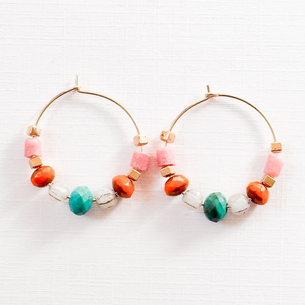 Gold Filled Hoops with Turquoise And Recycled Glass beads