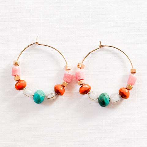 Gold Filled Hoops with Turquoise And Recycled Glass beads
