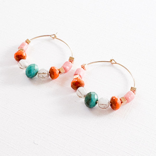 Gold Filled Hoops with Turquoise And Recycled Glass beads