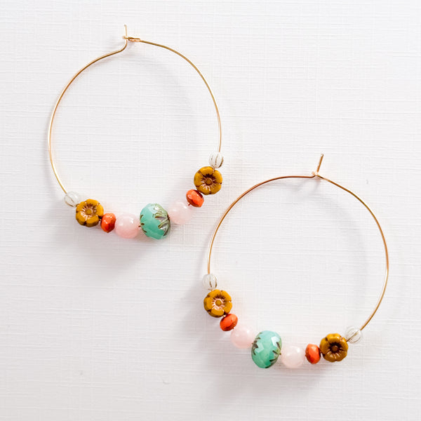 Big Gold Rose Quartz Hoops With Glass Beads and Tiny Flower
