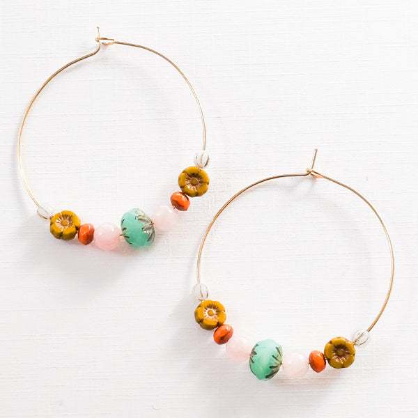 Big Gold Rose Quartz Hoops With Glass Beads and Tiny Flower