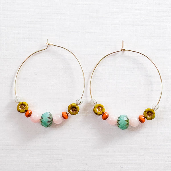 Big Gold Rose Quartz Hoops With Glass Beads and Tiny Flower
