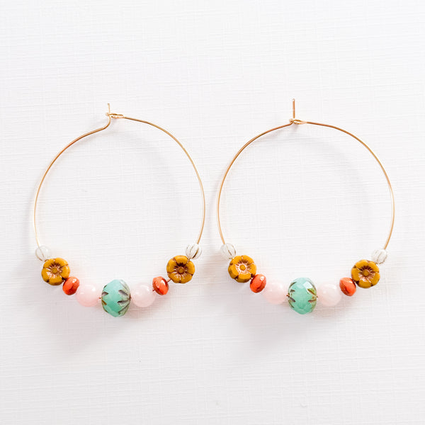 Big Gold Rose Quartz Hoops With Glass Beads and Tiny Flower