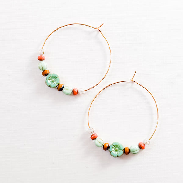 Big Gold Hoops With Turquoise Glass Flower beads