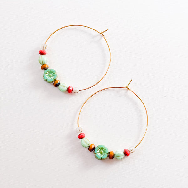 Big Gold Hoops With Turquoise Glass Flower beads