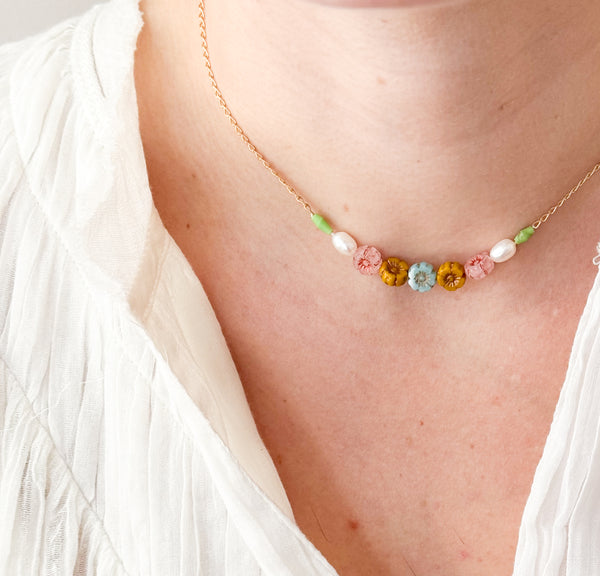 Dainty Pearl And Small Pastel Flowers In Pink And Blue