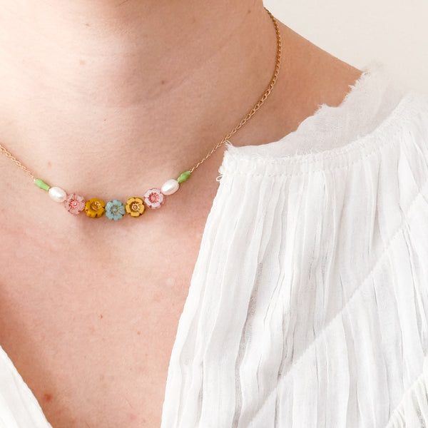 Dainty Pearl And Small Pastel Flowers In Pink And Blue