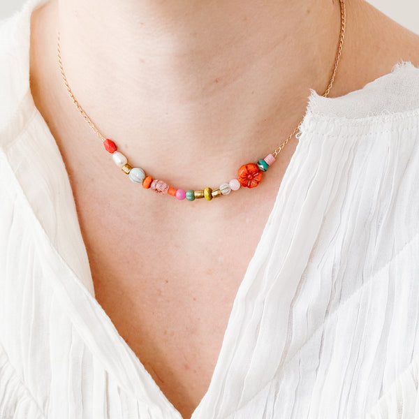 Dainty Pearl Flower and Recycled Bead Necklace