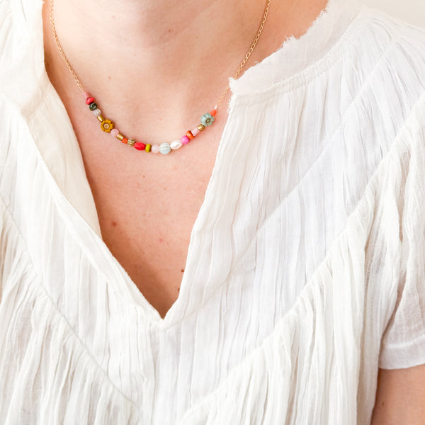 Dainty Pearl Flower and Recycled Bead Necklace