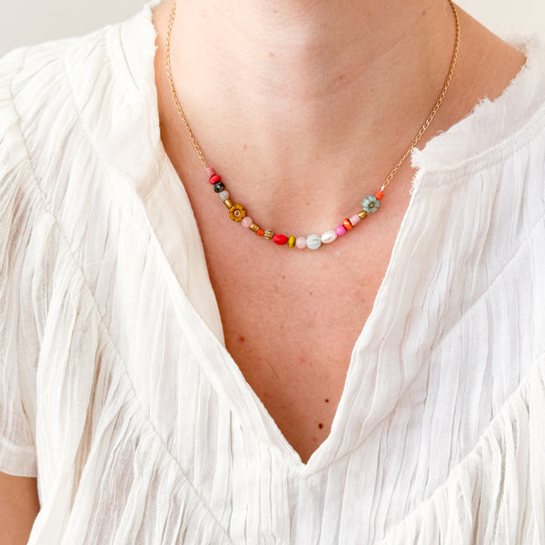 Dainty Pearl Flower and Recycled Bead Necklace