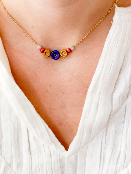 Tiny Flower Field Necklace With Beads And Matte Gold Chain
