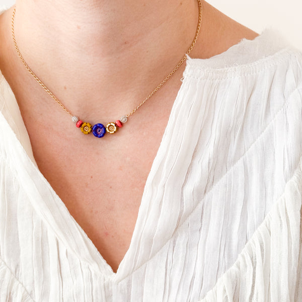 Tiny Flower Field Necklace With Beads And Matte Gold Chain
