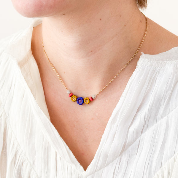 Tiny Flower Field Necklace With Beads And Matte Gold Chain
