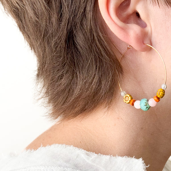 Big Gold Rose Quartz Hoops With Glass Beads and Tiny Flower