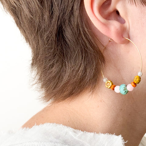 Big Gold Rose Quartz Hoops With Glass Beads and Tiny Flower