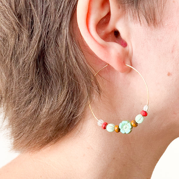 Big Gold Hoops With Turquoise Glass Flower beads