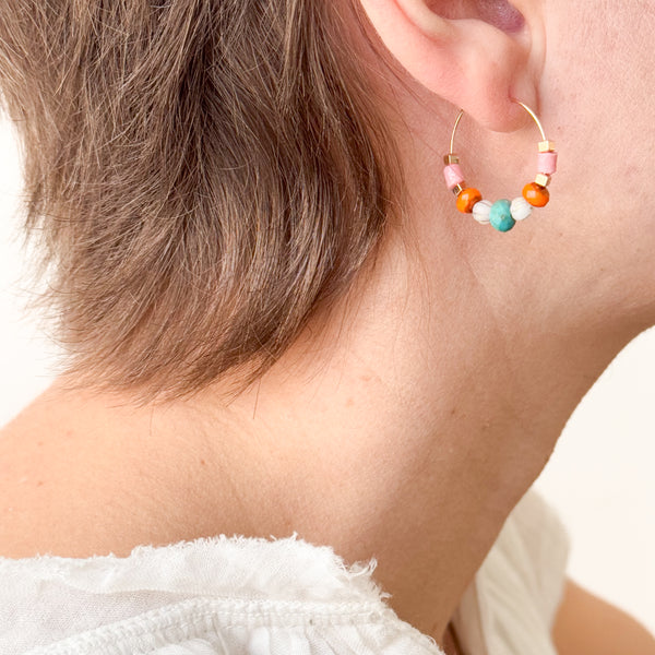 Gold Filled Hoops with Turquoise And Recycled Glass beads